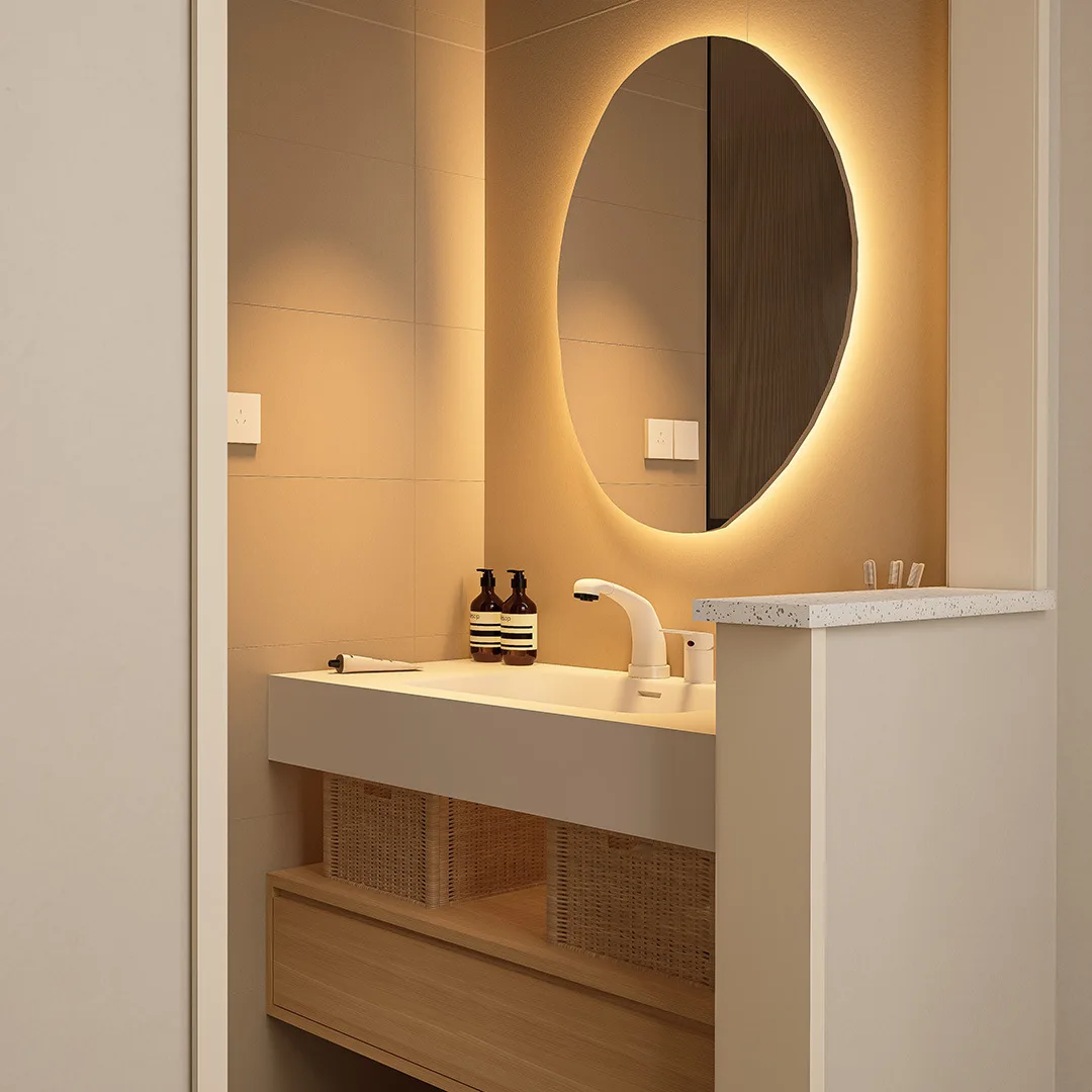 Modern LED Backlit Smart Bathroom Vanity round Frameless Wall Hung Mirror with Touch Sensor Switch Oval Shape for Hotels