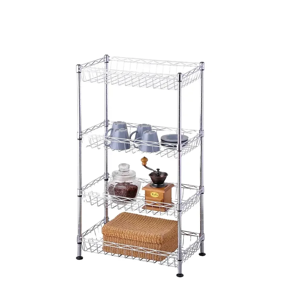High-Quality Home Use 4 Tier Kitchen Steel Storage Rack Iron Wire Shelf Mesh Basket Food Shelves For All Season