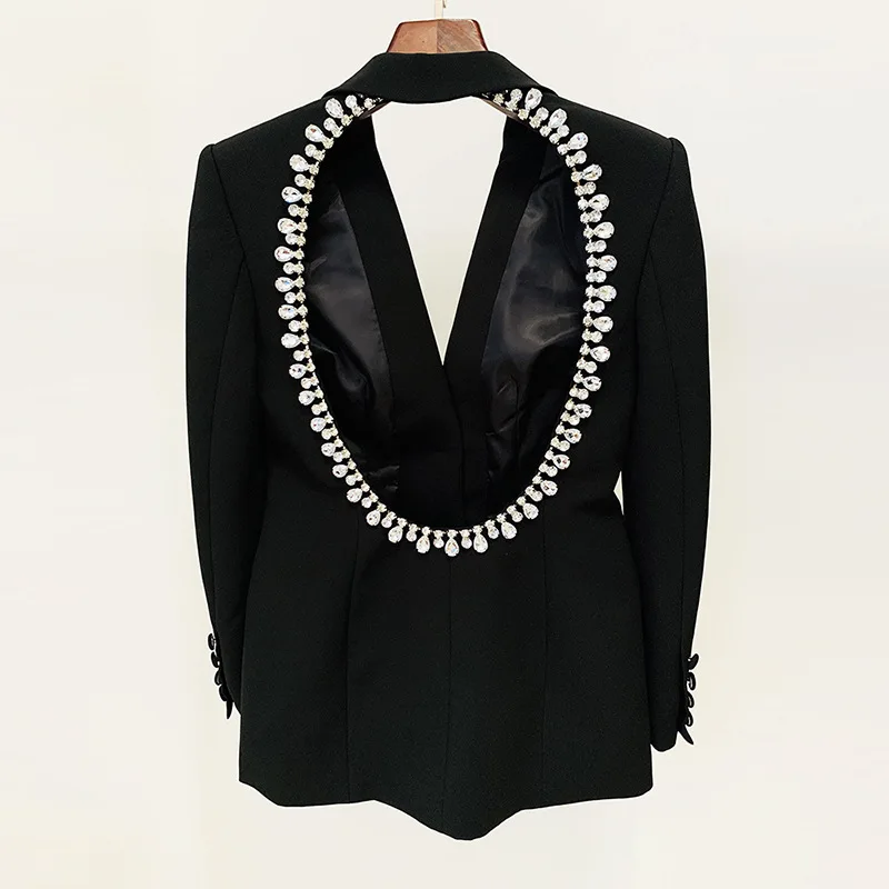 BA2256 Women Sexy Backless Long Sleeve Luxury High Quality Jacket Crystal Rhinestone Mini Blazer Dress