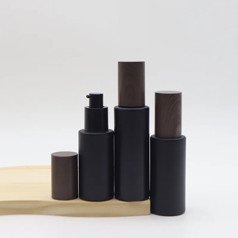 Empty Bottle Glass Frosted Black False Wood Lid Cosmetic Lotion Spray Pump Portable Refillable Container Glass Bottles