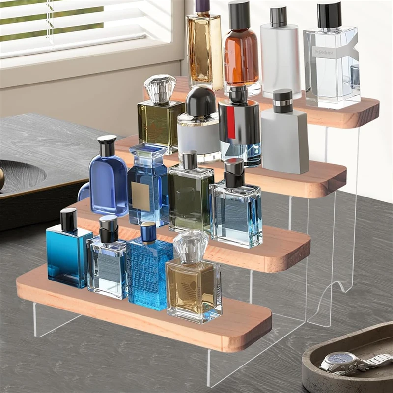 Acrylic Riser Display Shelf Wood Acrylic Perfume Stand Organizer 4 Tier Perfume Organizer Tiered Countertop for Display Decor