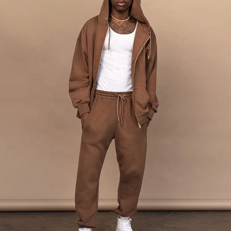 Wholesale Custom High Quality Full Zip Up Tracksuit Sweatshirt Hooded Jacket Two Piece Jogger sets For Men