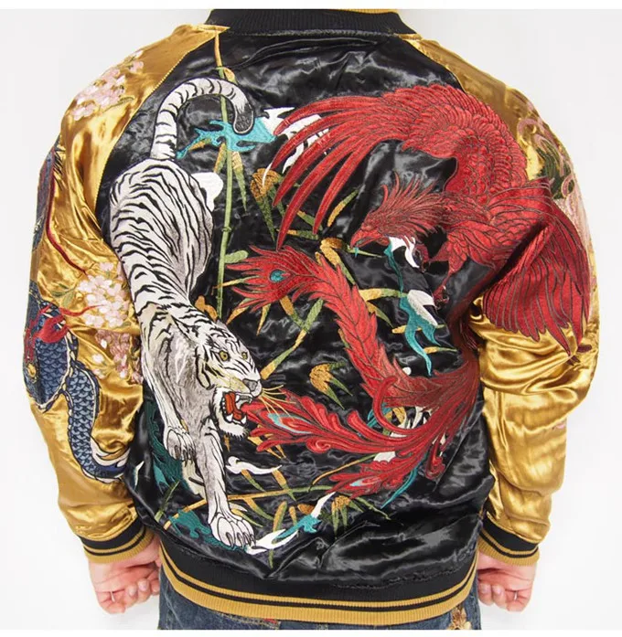 Yokosuka Embroidery Reversible Baseball High Street Retro Dragon Tiger Embroidered Satin Men Plus Size Bomber Jacket Coat