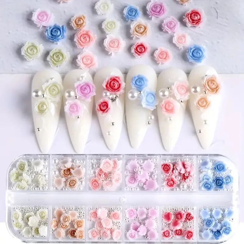 12-Grid Gradient Rose Flower Nail Art Decoration Kit Unscented 3D Floral Design Accessories Resin Flower Nail Art Charms