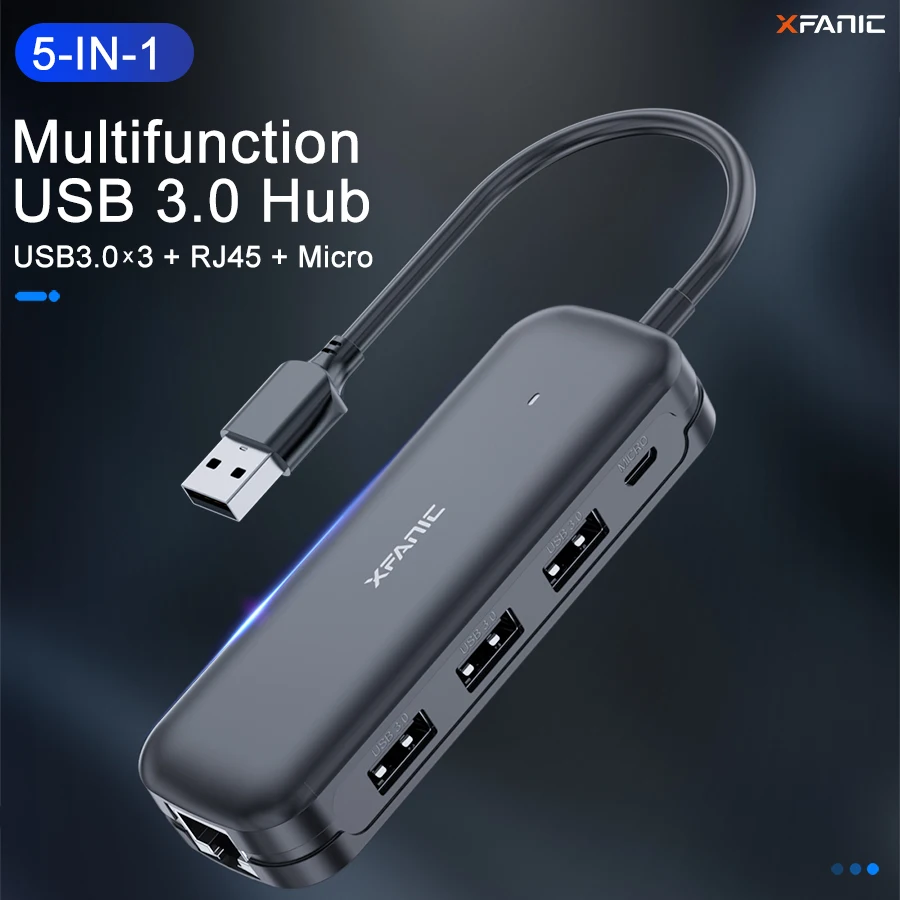 
OEM Black Mini 5 Ports Desk Usb 3.0 Data Hub for Mac Micro Usb Hub With External Power Gigabit RJ45 