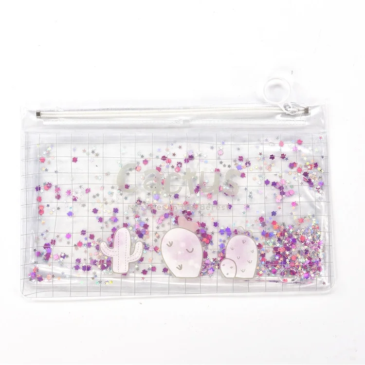 Customized Fashion durable clear pvc stationery bag glitter zipper pencil pouch