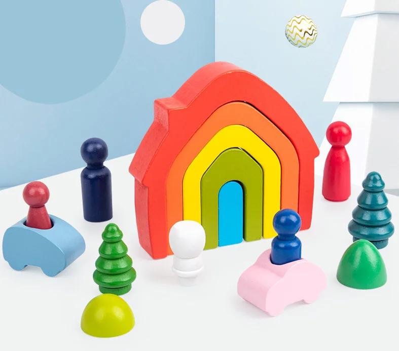 New style Hot Sale Wooden Rainbow House Blocks Toy  Rainbow Tower Stacking Blocks Game Wooden Waldorf Blocks Toys for kids