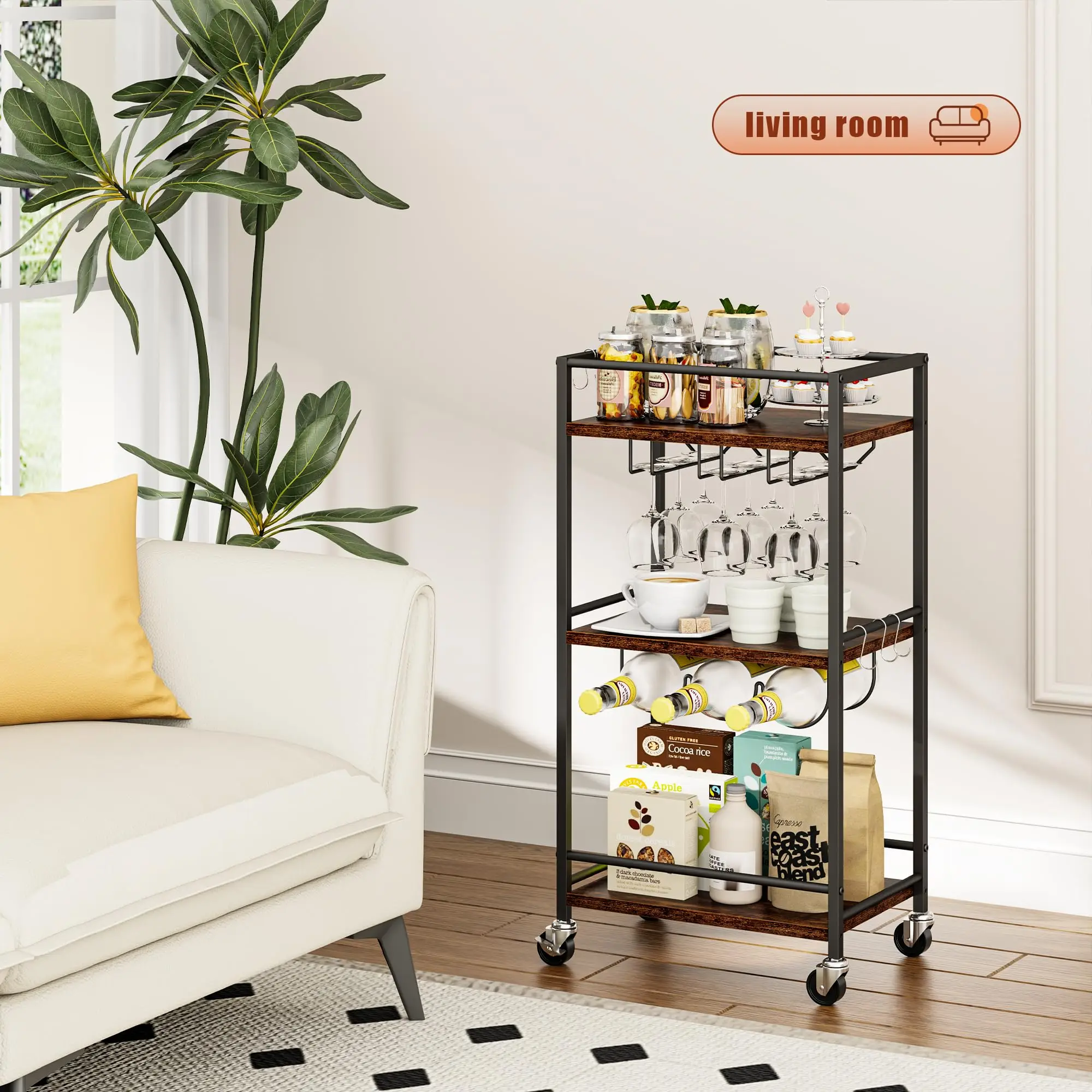 3 Tier Utility Service Cart Fruit Storage Baskets Rack for Industrial Island Food Trolley with Handle Rolling Storage Carts