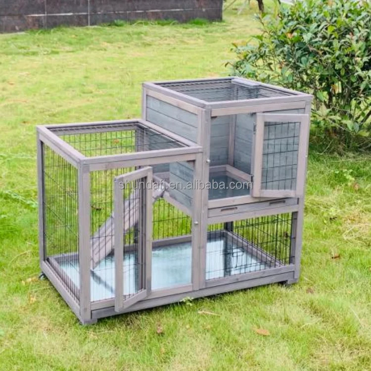 SDR044 Wooden Bunny Hutch Outdoor Rabbit Cage Guinea Pig Cage for Small Animals with Exclusive (Grey)