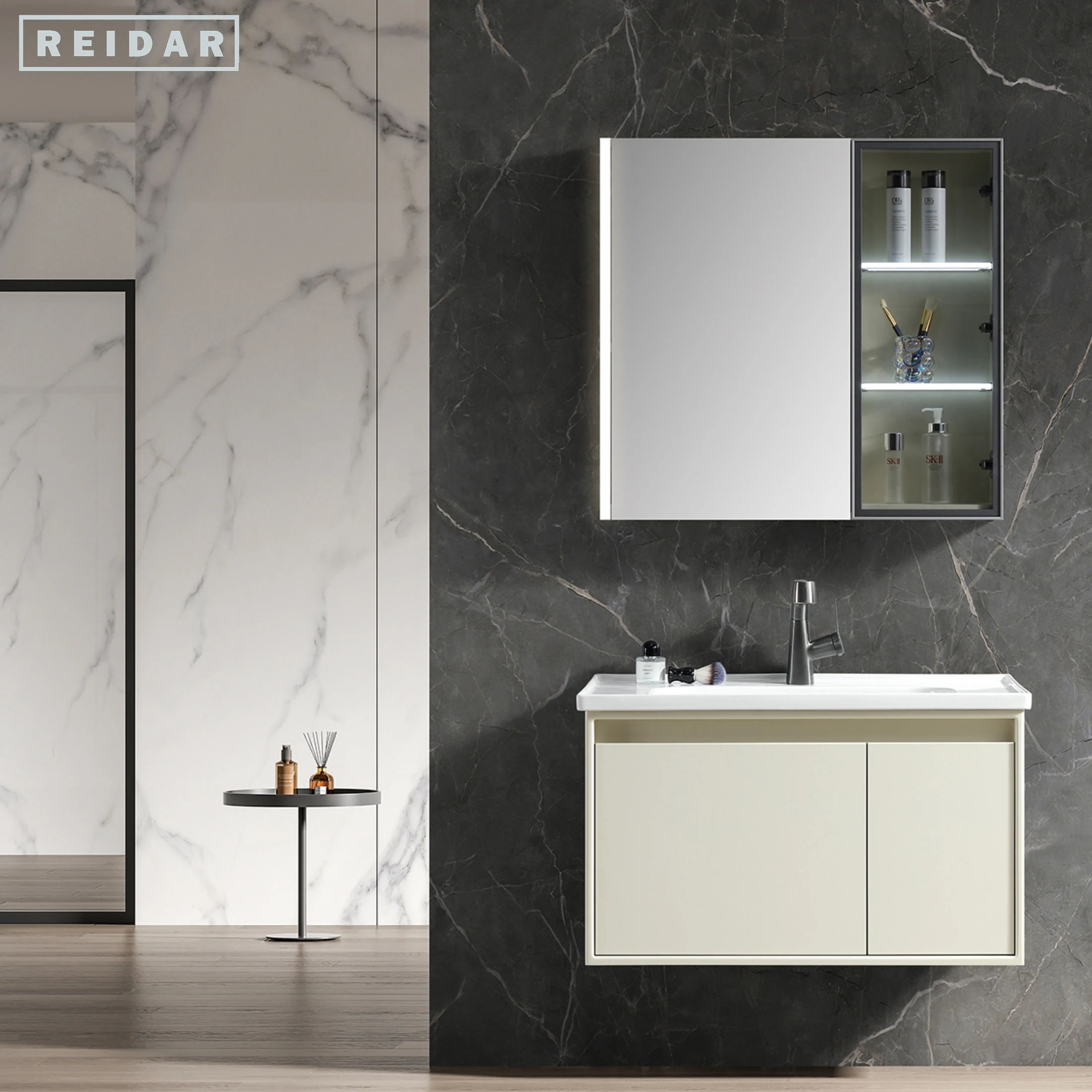 Light Luxury Single Basin Vanity Single Sink PVC Storage Bathroom Vanities With Countertop Hand Wash Basin With LED Mirror