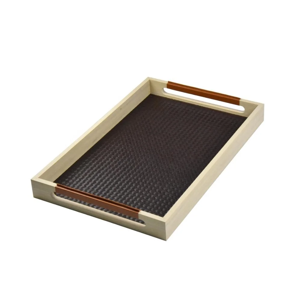 Hotel Leather  Wood Serving Tray with Handle