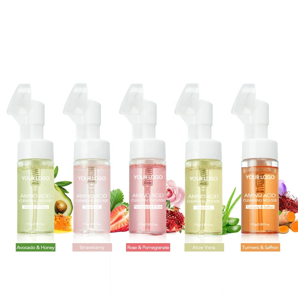 Private Label Aloe Vera Turmeric Amino Acid Facial Cleanser Mousse Moisturizing Brightening Face Wash With Brush