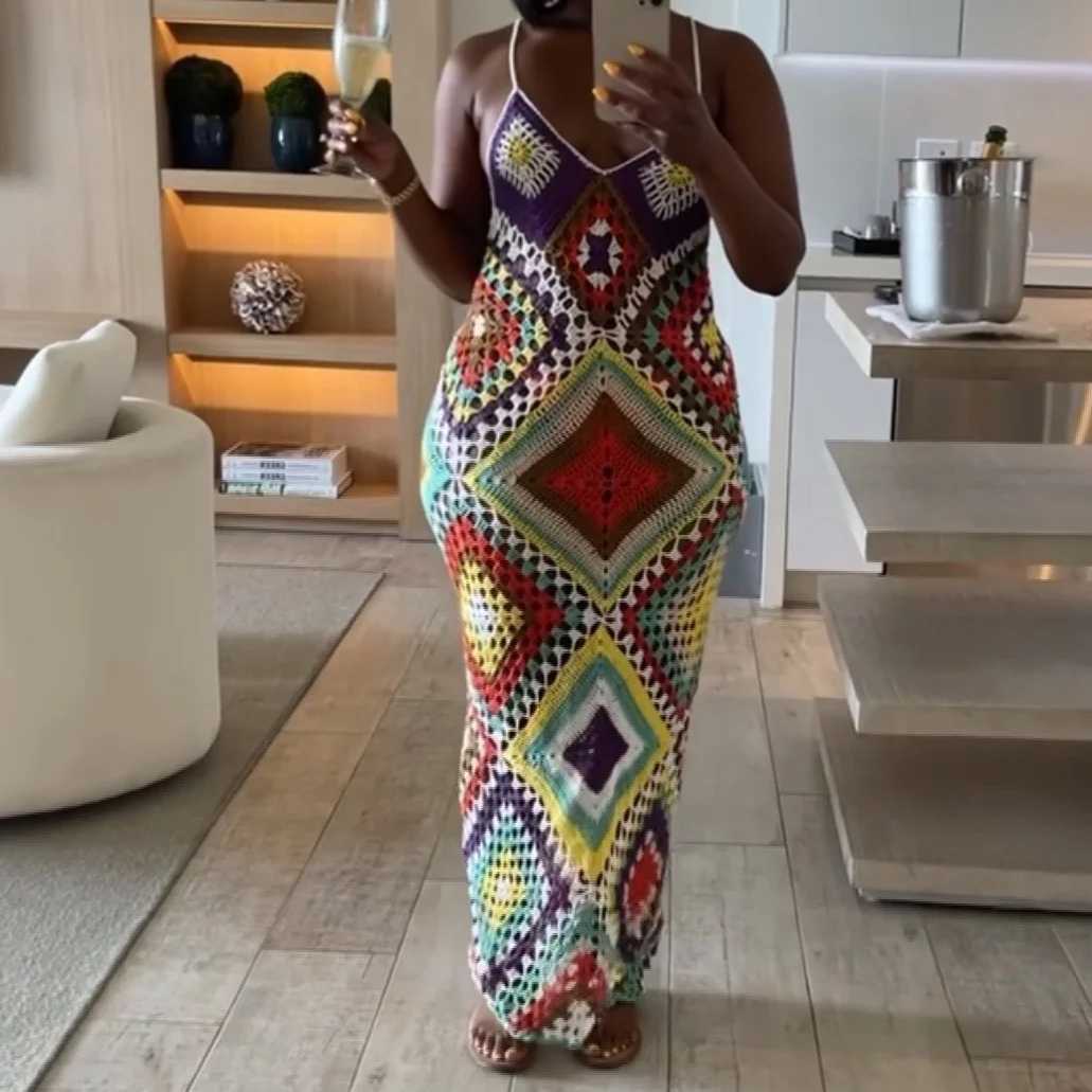 Summer Beach Sleeveless Patchwork Fashion Knitting Bodycon Sexy Elegant Crochet Dresses Colorful Casual Long Maxi Dresses Women