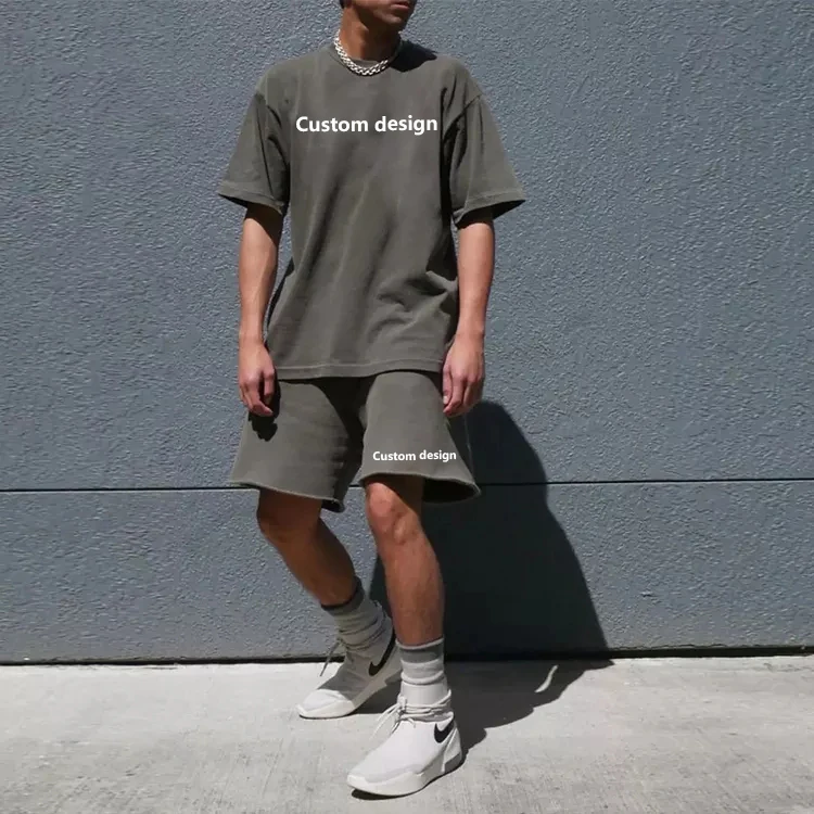 Summer Street Style Crew Neck Combed Cotton T Shirt And Shorts 2 Pieces Set Custom Graphic Plain Vintage Washed Heavy T Shirt