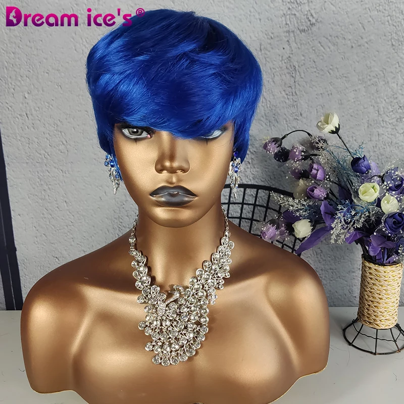 Blue 613 Honey Blonde Wig Short Wavy Bob Pixie Cut Full Machine Made Non Lace Human Hair Wigs With Bangs For Black Women Remy