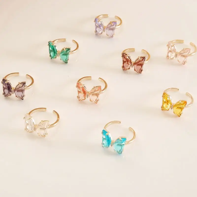 Yiyuan Factory Bulk New Multicolor Zircon Gold Plated Ring Female Personality Creative Acrylic Butterfly Adjustable Rings