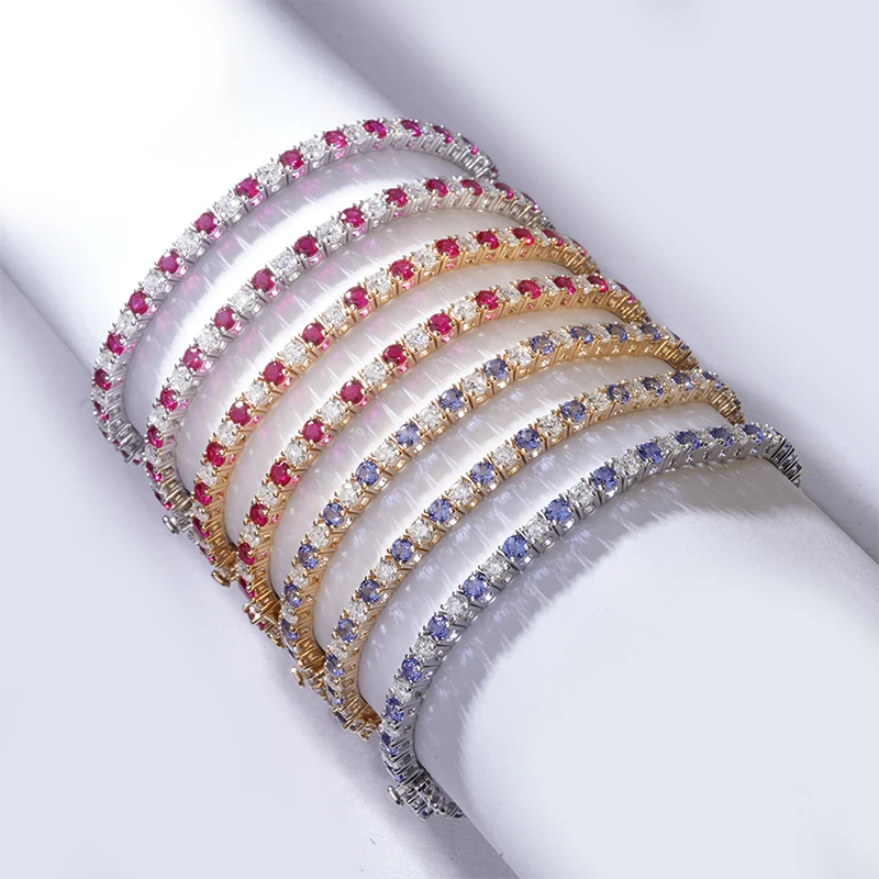 China wholesale Starsgem 3mm round shape luxury engagement 14K gold lab emerald ruby sapphire and moissanites tennis bracelet