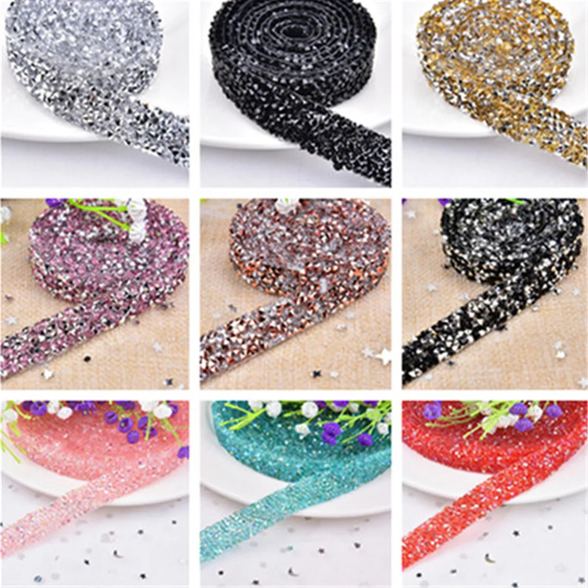 1.5cm Rhinestone Beaded Chain Iron On Applique Trim Wedding Bridal Dress Decor Polyester Lace Trim