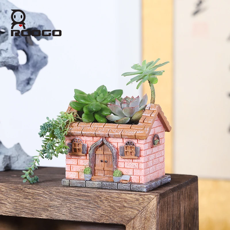 Roogo New Chinese New Mini Country House Resin Crafts Succulent Planter Container Desktop Gardening Bonsai Planter