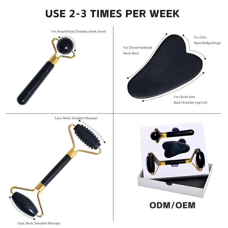 Natural Black Bian Stone Face Skincare Massage Tool Healthcare Roller Guasha Kit Custom Logo Jade Facial Roller And Gua Sha Set