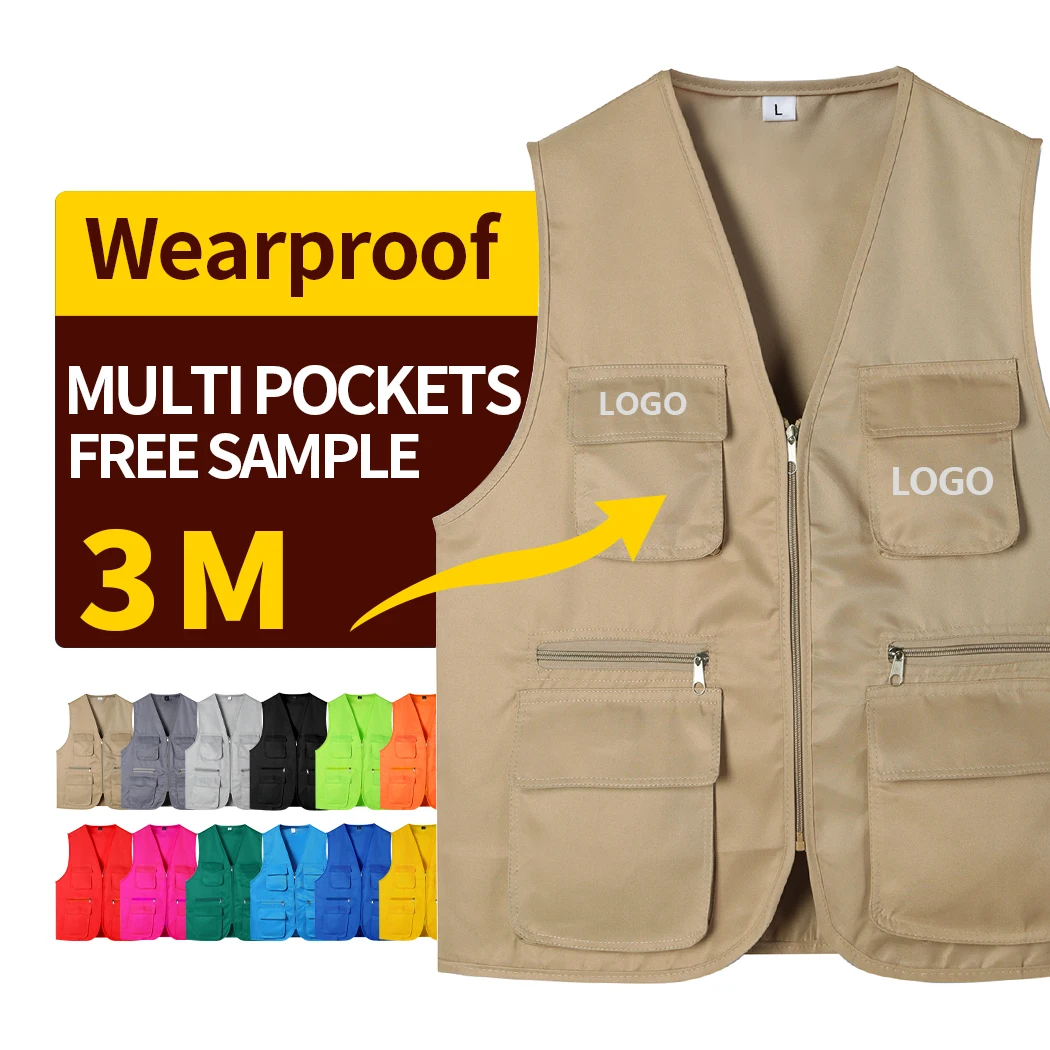 Stock Multi Pockets Cargoes Fisherman Vest cartoon logo Waistcoat For fishing Hiking Journalist Photography Camping Safari Vest