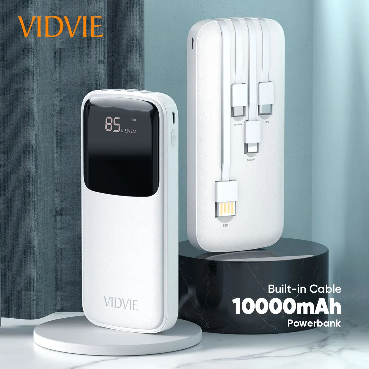 VIDVIE 3 in 1 Built in Cable Portable 10000mAh Polymer Battery Powerbank With Digital Display Screen