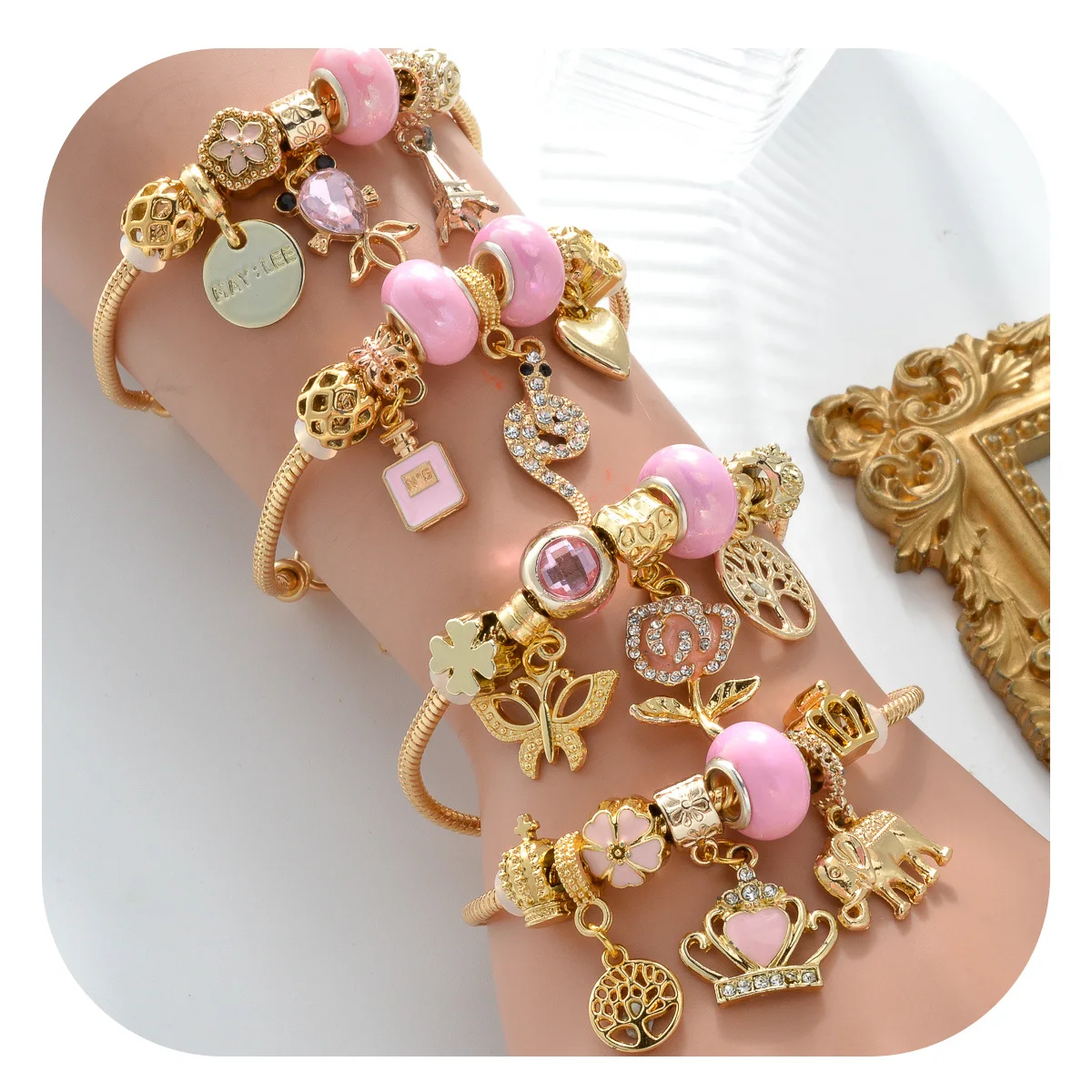 Custom 18k Gold Plated Diy Start Elephant Tree of life rose snake butterfly Stainless Steel Adjustable Charm Bracelet Women