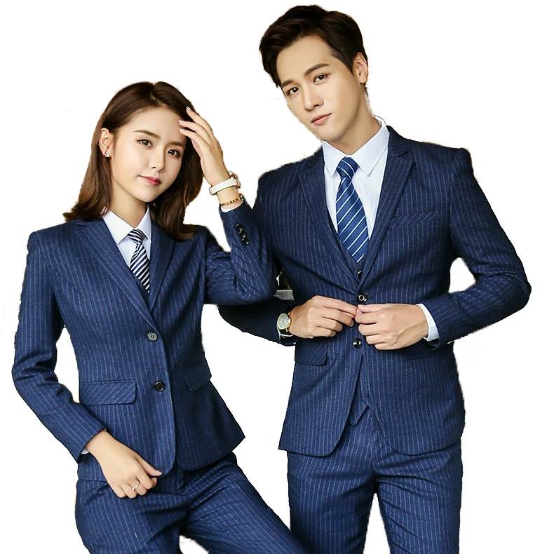 3 Piece Latest Style Women and Men Suit Design Business Stripe Slim Fit Women and Men Suit