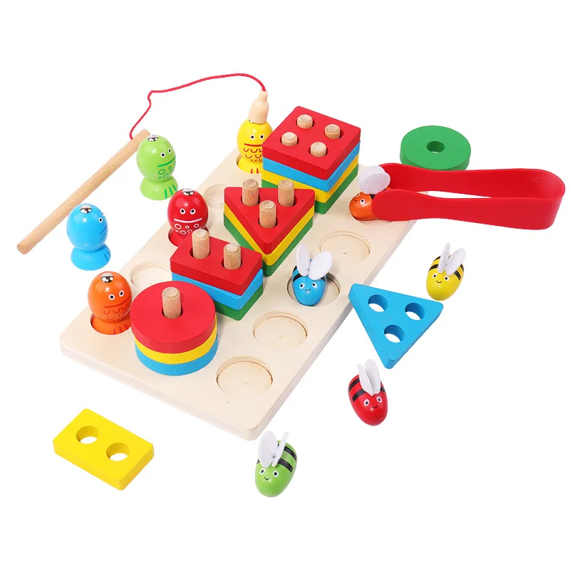 Wooden fishing clip bee game three-in-one set of columns honey bee toys educational toys for kids 2023
