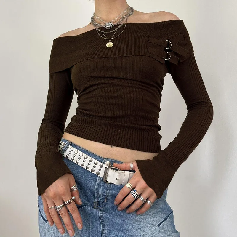 Hot girls y2k Brown off-shoulder metal buckle sweater women Sexy Slim fit waist-controlled top