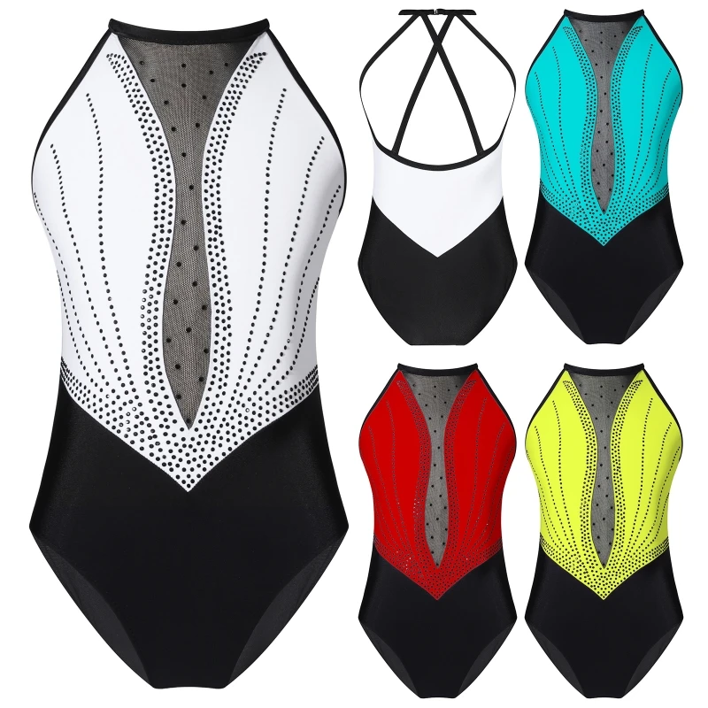 6-16 Kids Girls Gymnastics Clothing Sleeveless Rhinestone Decorated Dance Costume Leotards Performance Stage Dance Wear
