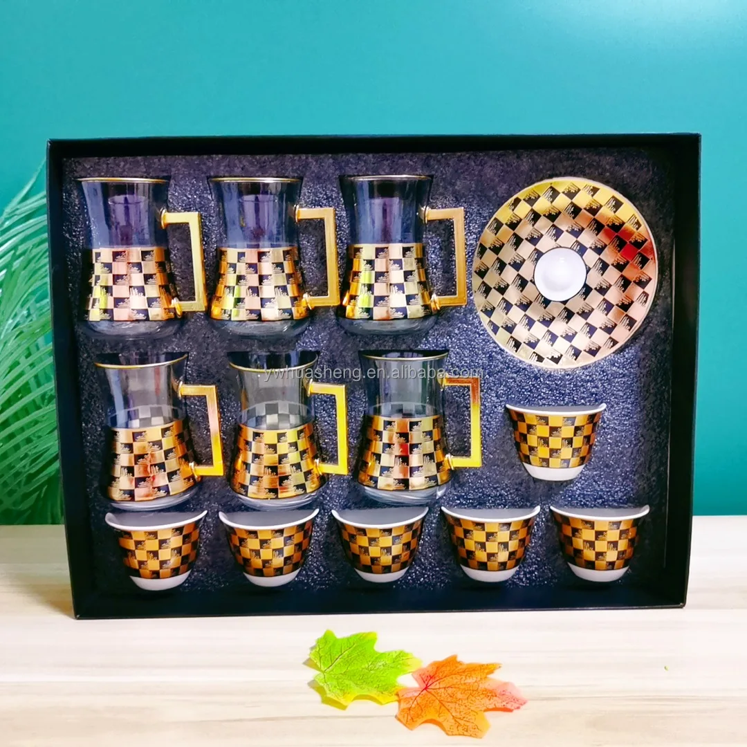HS Fancy High Quality 18 Pieces Arabic Coffee Cup Glass Tea Cup Set With Ceramic Saucer