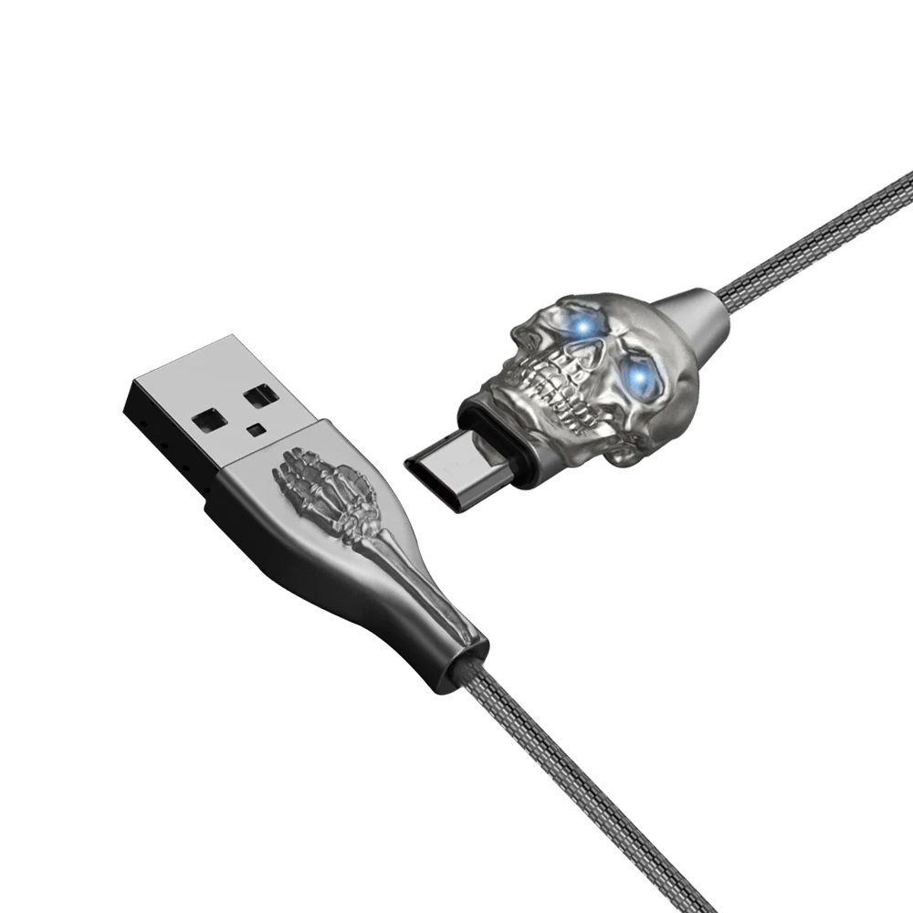 Europe best selling usb charging cable America fashion super cool skull micro usb cable type c with led light for iPhone