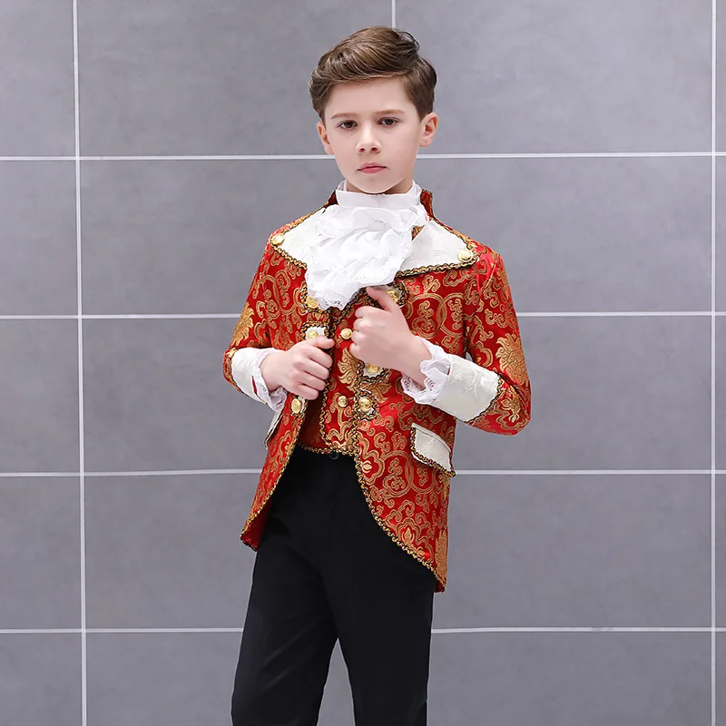 New Vintage Renaissance Antique Floral Patterns Three Pieces Children Boys Suits Performance Prince Charming Cosplay Kids Suit