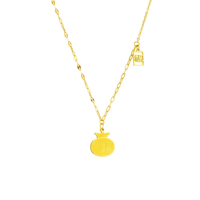 Titanium Steel Blessing Card Necklace Female Chinese Style Light Luxury Temperament Gourd Purse Fortune Clavicle Chain Net Red-F