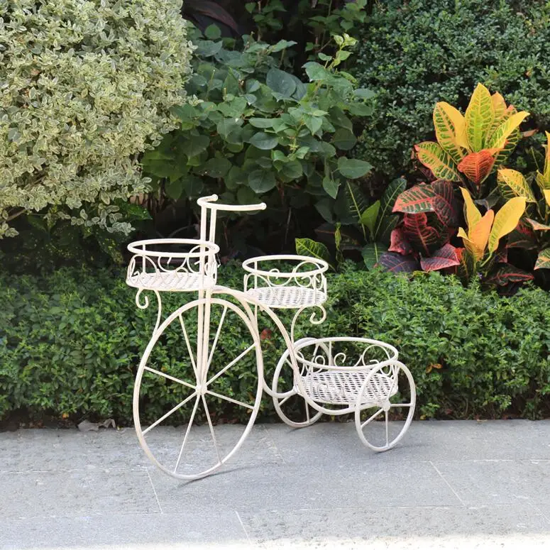 Antique White Metal Flower Display Rack Wrought Iron Bicycle Plant Pot Stand Holder