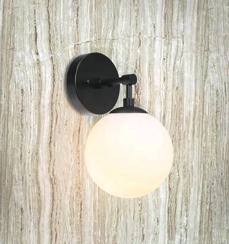 Factory Supply White Glass Ball Wall Light Matte Black Sconce Fixtures Modern Decorative Wall Lamp