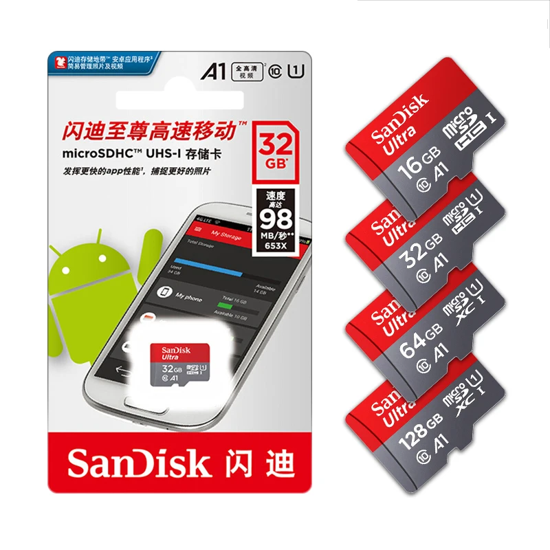 Оптовая продажа, оригинальная карта памяти SanDisk MicroSDHC 32 ГБ, 64 ГБ, 128 ГБ, флеш-карты TF A1 Ultra Class 10 / U3 A2 extreme Flash, карта памяти