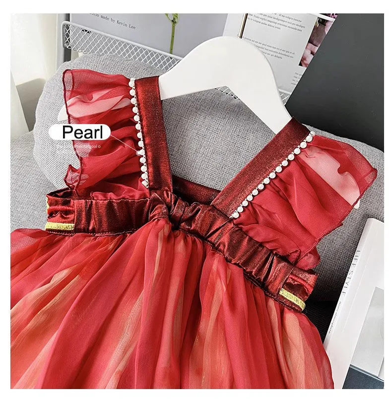 2024 Red EMB Floral Pattern Chiffon Hanfu Dress for Little Girls Traditional Chinese Pearl Decor Tang Dress for Summer Parties