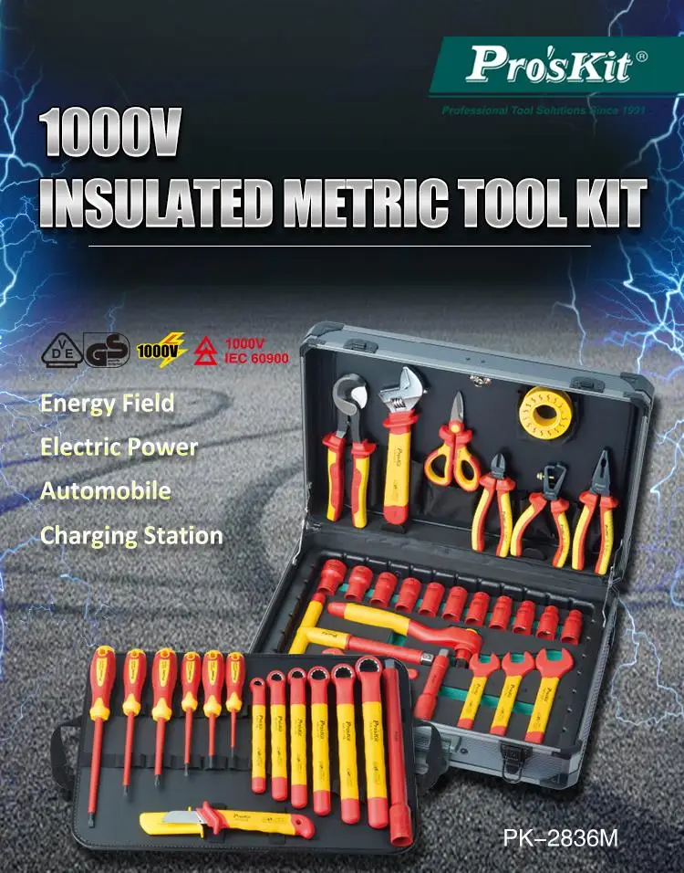 Proskit PK-2836M 41 PCS 1000V Insulated Metric Tool Kit for High Voltage Equipment  Electric Automobile power plant