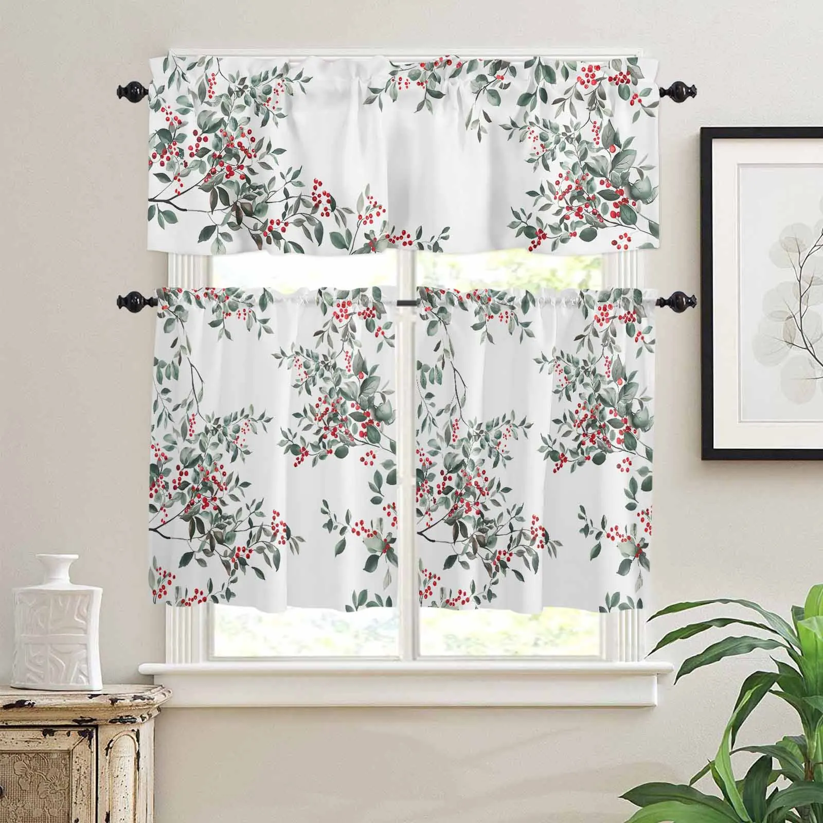 Wholesale Rod Pocket Christmas Floral Design 3pcs Short Curtains Window Drapes for Cafe Bathroom Bedroom Drapes