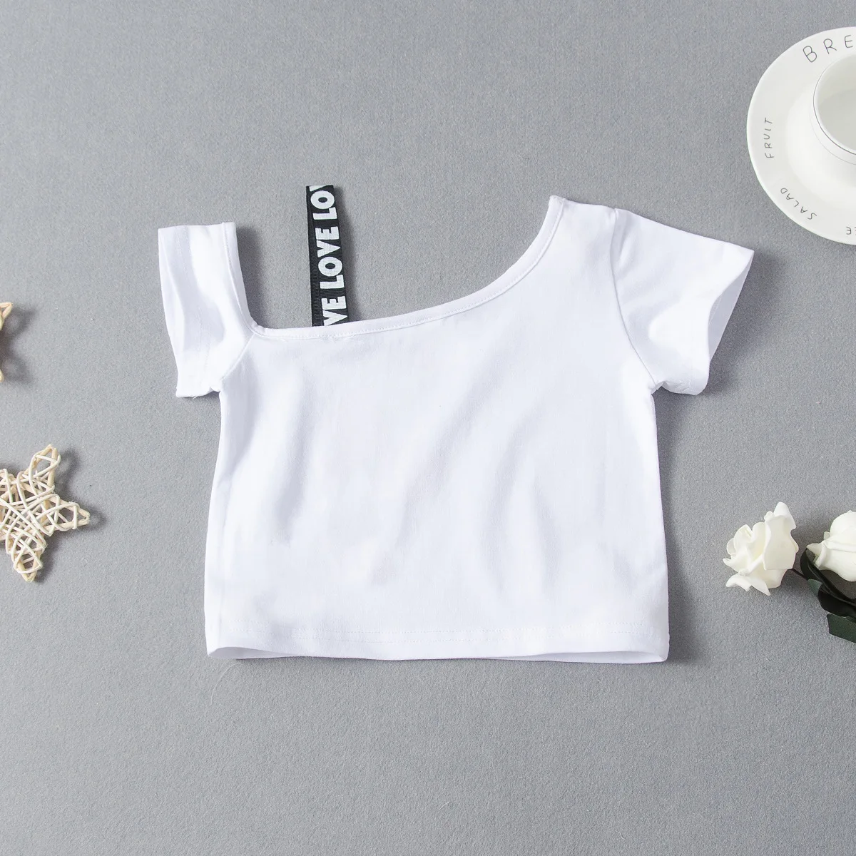 New summer girls clothes set fashion slanted shoulder strap cartoon t-shirt skirt Girls Clothing Set