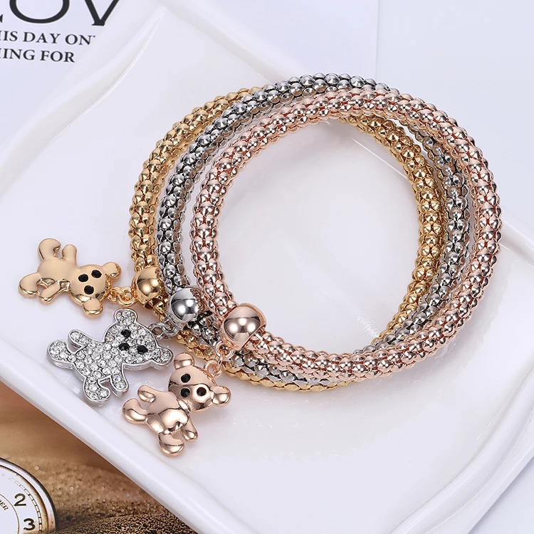 Minimalist Lucky Girl Bracelet Lovely Bear Elastic Popcorn Chain Bracelet Cute Crystal Bear Charm Bracelets