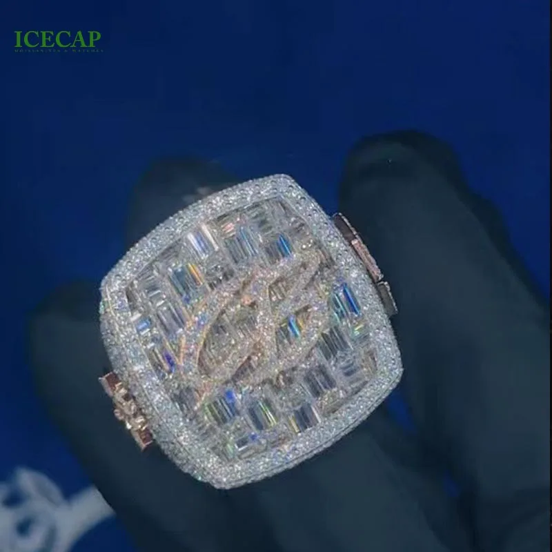 Custom Silver Jewelry 2 Tone CB championship ring Emerald cut round Moissanite chrome heart cross chase logo