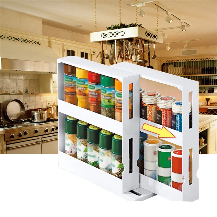 Cupboard Seasoning Bottle Holder Home Spice Organizer Storage Rack Rotating Shelf PP Slide Kitchen Cabinet