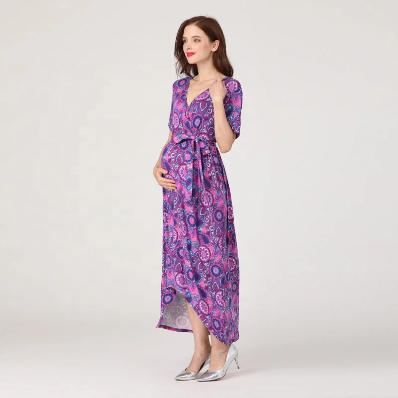 V Neck Big size Floral Maternity Dress Soft Rayon Stretch Maternity Clothes Breastfeeding Nursing Wrap Dress Stock Wholesale