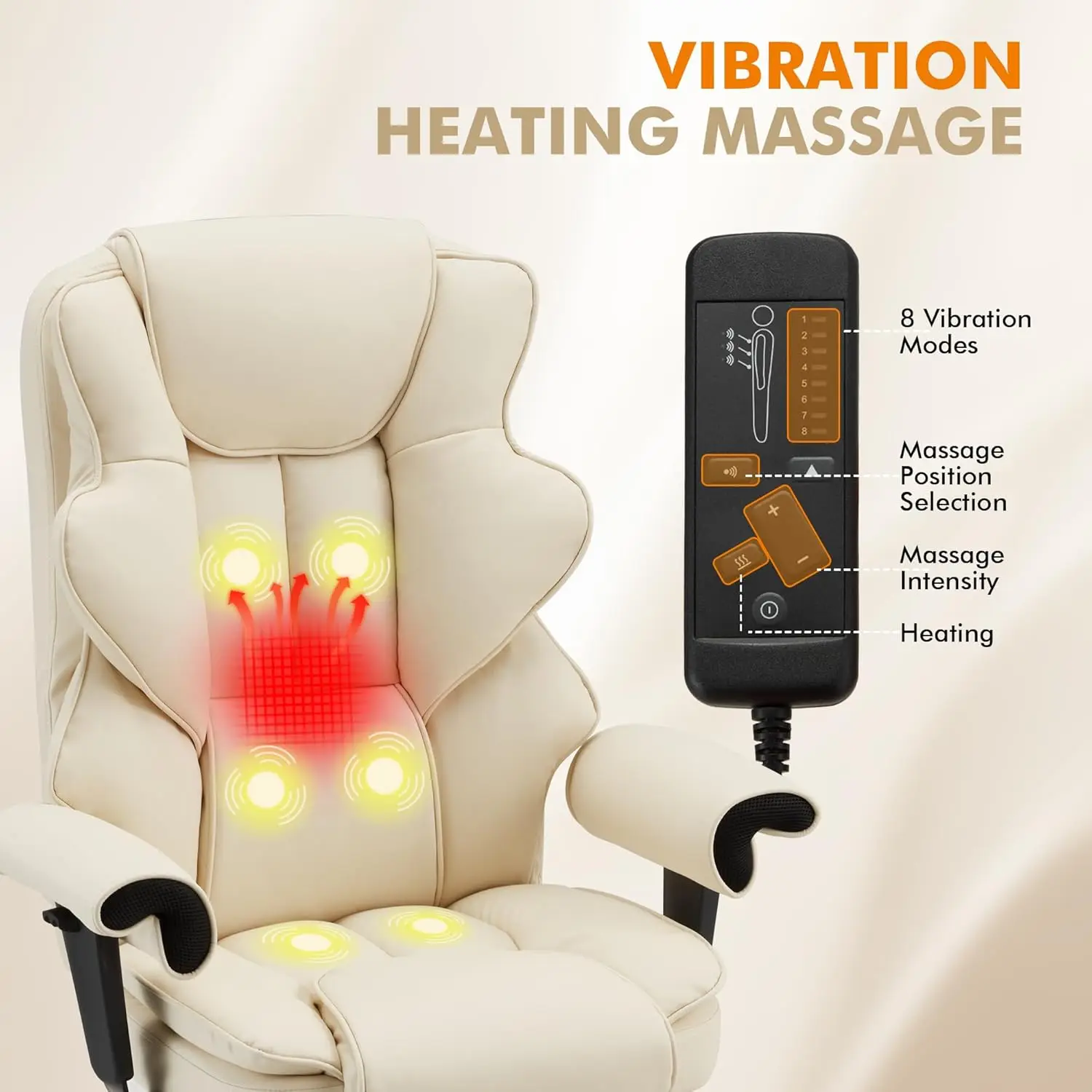 White Heating Executive 6-Point Massage Office Desk Chair Leather Computer Chair with Adjustable Armrest and Footrest