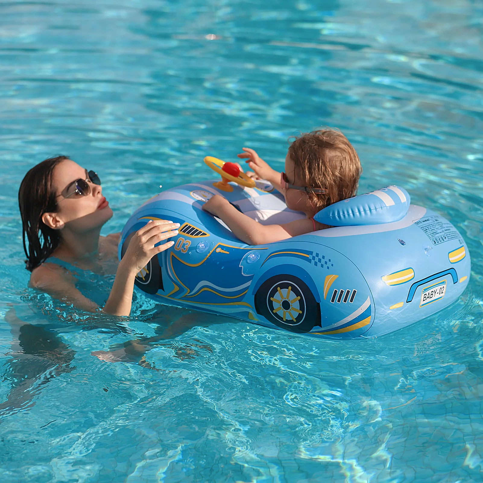 Swimbobo Hot Sale Blue Car Swimming Seat Boat Floating Water Toy Steer Kids Inflatable Children Swim Pool Float Ring With Canopy