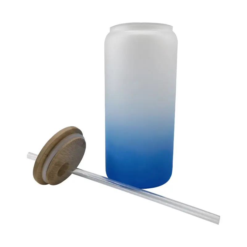 USA warehouse in stock 20oz straight glass can Gradient Beer Glass frosted glass can with bamboo straw and lid