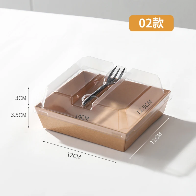 Takeaway Kraft Brown Paper Food Box Breakfast Bread Sandwich Packaging Box with Plastic Lid Fork